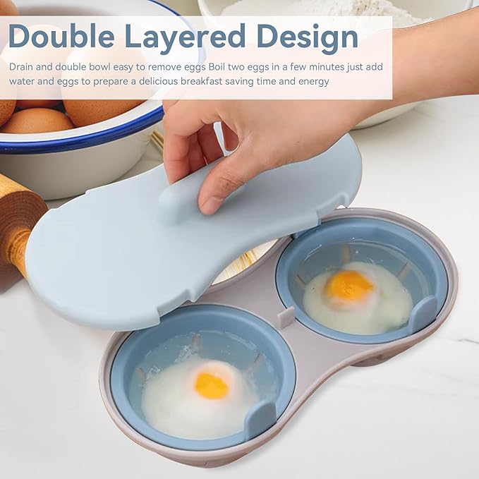 Egg Poacher Microwave Egg Cooker, 2 Cavity Edible Silicone Double Drain Poached Egg Cups Microwave Egg Poacher Egg Steam Egg Maker Poached Egg Steamer for Kitchen Cooking Gadgets, Blue
