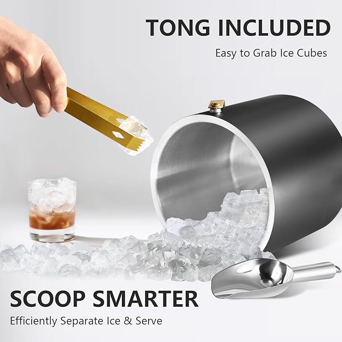 Bakpoco 4L Ice Bucket with Silicone Lid, Scoop, Gold Tongs & Strainer, Stainless Steel Double Wall Insulated Ice Buckets for Parties & Cocktail Bar Outdoor Champagne Ice Container Bin, Black