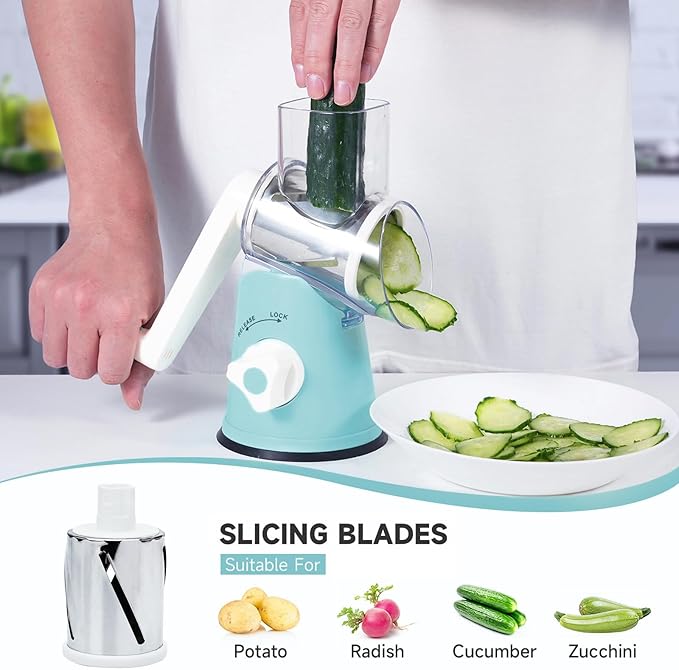 Rotary Cheese Grater, Cheese Grater Hand Crank with 3 Interchangeable Blades, Manual Cheese Shredder with Strong Suction Base, Easy to Use and Clean, Blue