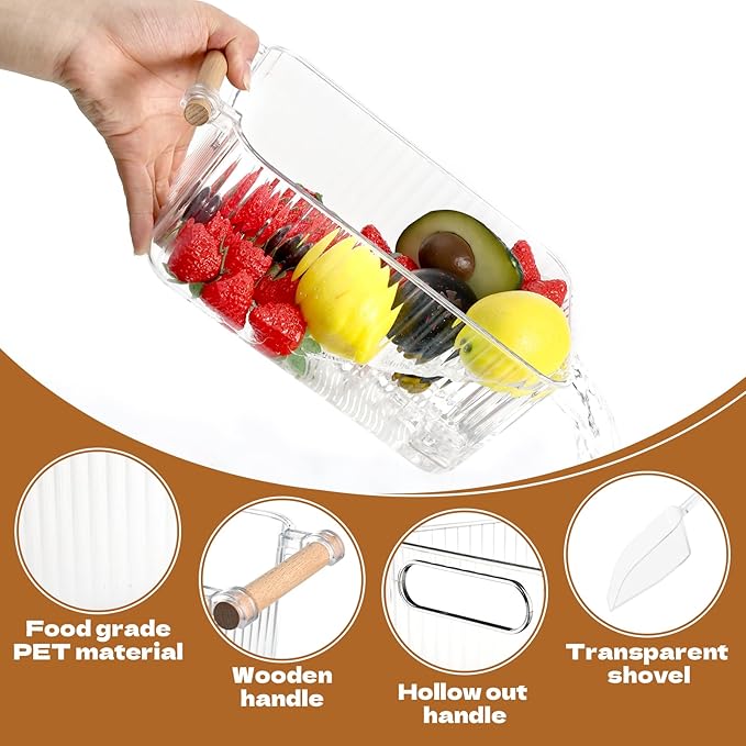 4 Piece Ice Bin and 2 Flexible Scoop Set Plastic Freezer Ice Bin with Handle Clear Storage Bucket for Container with Bucket Scoop Kitchen Fridge