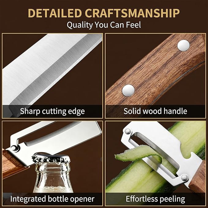 MultiFunctional Vegetable Peeler for Kitchen, Vegetable Peeler with Wooden Handle and Bottle Opener, 2-in-1 Stainless Steel Kitchen Peelers for Fruit Veggie Apple Potato Pumpkin Papaya(1PCS)