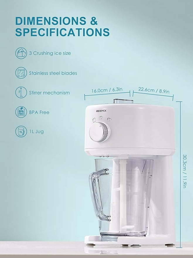 Reemix Shaved Ice Machine, Electric Ice Shaver and Snow Cone Machine with Large Capacity Storage, Portable Ice Crusher Ice Thickness Can be Adjusted (White)