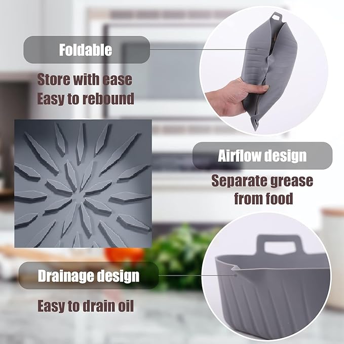 Reusable Silicone Air Fryer Liners (2-Pack) – 8.5” Square, Non-Stick & Easy to Clean, Heat-Resistant Basket for 4-7 Qt Air Fryers – Grey & Black