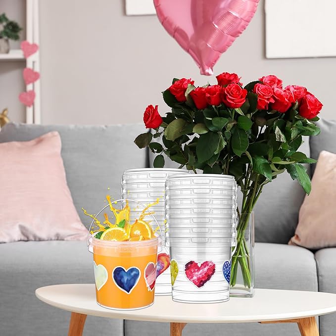 PerKoop 20 Pcs 32 oz Ice Cream Buckets with Lids and Handles Clear Cocktail Rum Buckets with Stickers Plastic Transparent Tub Reusable Food Storage Containers for Parties(Heart)