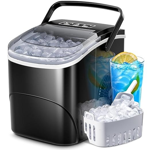 Kismile Ice Makers Countertop with Handle,26Lbs/24H,9 Cubes in 6 Mins,2 Sizes of Bullet Ice,Portable Ice Machine with Self-Cleaning for Home,Kitchen(Black)
