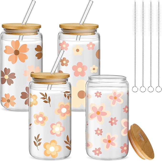Mumufy 4 Pack Bridesmaid Glass Tumbler Gifts Cute Boho Floral 16oz Iced Coffee Cups with Bamboo Lids and Straws Elegant Bridal Party Proposal and Wedding Shower Gifts