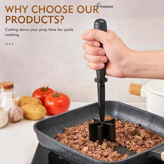 Meat Masher, Ground Beef Chopper Tool with 5 Curve Blades & Ergonomic Non-Slip Handle, Nylon Hamburger Smasher Tool Heat Resistant Non Stick(Black)
