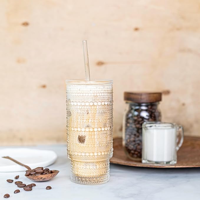 Birchland All Glass Hobnail Tumbler with Glass Lid and Straw, Beaded Style Set of 2 (16 oz Hobnail)