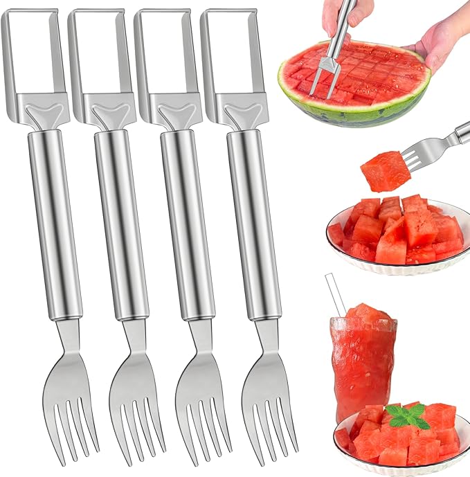 2-in-1 Watermelon Slicer & Fork – Stainless Steel Fruit Cutter Tool for Watermelon, Mango, Pitaya – Portable for Camping, Picnics, Home, Parties – Effortless Cubes & No Mess - 4 PCS