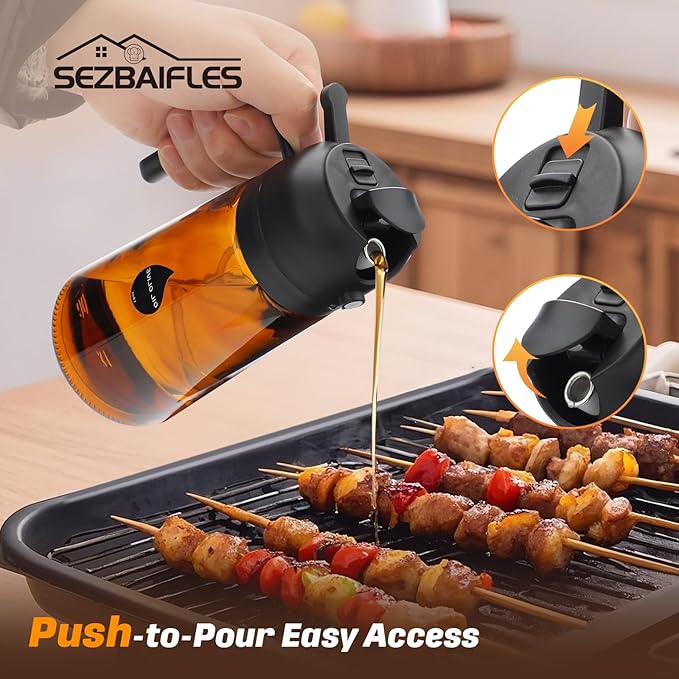 2 in 1 Oil Sprayer for Cooking, Olive Oil Dispenser Bottle for Kitchen Spray and Pour, 16oz/470ml Light-Blocking Dark Amber Glass Brown Bottle, Food-Grade Oil Mister for Air Fryer Green Cap