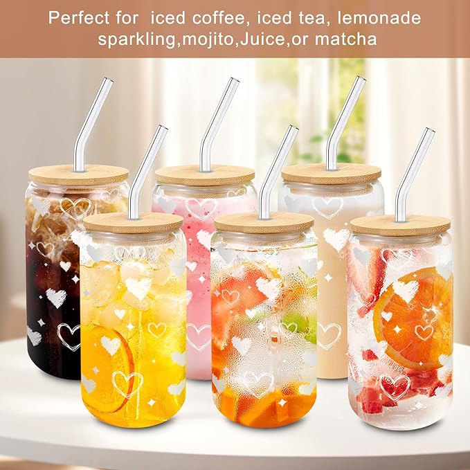 12pcs Glass Cups with Lids and Straws – 16oz Heart Pattern Drinking Glass Set – Reusable Iced Coffee Cups with Bamboo Lids, Glass Straws & Brushes – Party Drinkware for Girls, Roommates, Family
