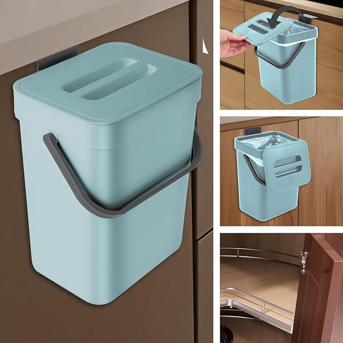 Compost Bin Kitchen, Includes 100 Trash Bags, Hanging Trash Can with Lid, Features Pet-Proof, Odor-Proof, and Quiet Opening/Closing. Suitable for Bathrooms/Bedrooms/Offices (Blue, 1.3 Gal/5 L)