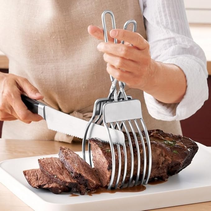 Stainless Steel Roast Beef Cutting Tongs Meat Bread Slicing Tong Onion Tomato Holder For Slicing Vegetable Fruits Cutting Kitchen Aid
