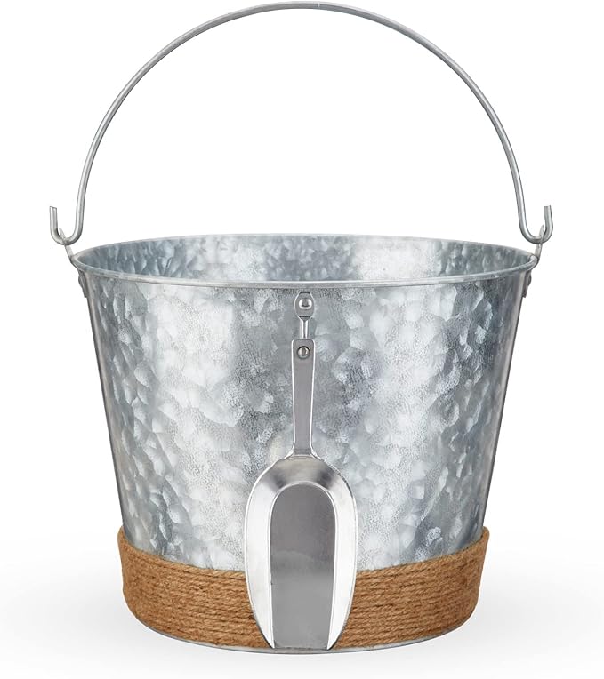 Twine Farmhouse Ice Bucket with Scoop - Beverage Tub Wrapped with Rope for Parties - Galvanized Metal Bucket Cooler & Drink Tub Holds 1 Gallon
