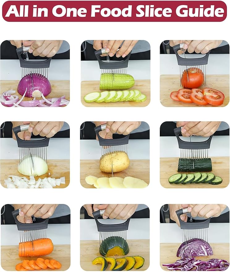Onion Holder for Slicing, New Stainless Steel Onion Slice Holder Lemon Slicer Vegetable Cutter, Kitchen Chopper Slicing Assistant Tool for Meat, Onion, Potato, Tomato (Black, 1 Pack)