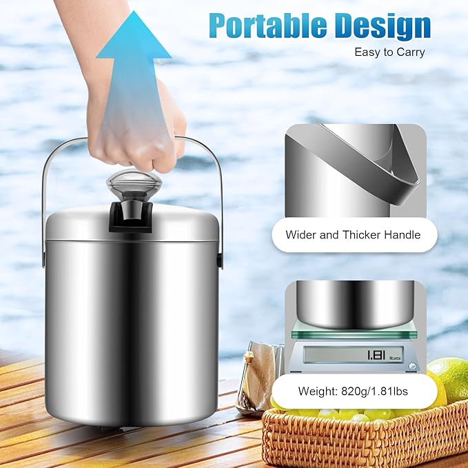 Ice Bucket, 1.3L Double Wall Stainless Steel Ice Bucket with Steel Lid Insulated Ice Bucket with Handles & Stainless Steel Ice Tongs For Bbqs Picnics Parties Courtyard Parties Set of 1