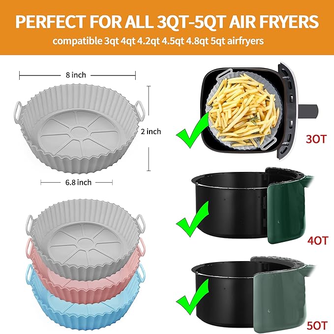 UOUYOO Air Fryer Silicone Pot,3 pack Air Fryer Silicone Liners Fits 3QT - 5QT Air Fryer,Reusable Replacement of Flammable Parchment Liner Paper Round Non Stick Air fryers Basket Oven Accessories