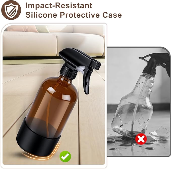 Ninsula Glass Spray Bottle with Silicone Sleeve Protection, 16 oz Amber Glass Spray Bottles, Refillable Spray Bottle Glass for Cleaning, Watering Plants, Skin Care, Plant Care, Hair Care