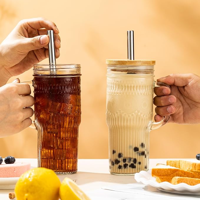 JunVpic Glass Cups with Bamboo Lids and Straws, 24oz Glass Tumbler with Handle, Stainless Steel Straws & Cleaning Brushes – Boho Pattern Iced Coffee Cup for Smoothies, Tea, and Gifts, Set of 2