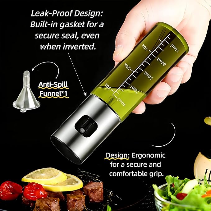 Cooking Oil Spray Bottle, Olive Oil and Avocado Oil Spray Bottle, 100ml Olive Oil Spray Bottle, Kitchen Tools, Air Fryer, Salad, Frying, Grilling (light-blocking glass)-Silver+Black