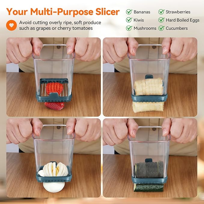 3-in-1 Strawberry Banana & Egg Slicer Cup | Detachable Fruit Cutter with Push Plate for Effortlessly Safe Slicing | Quick Meal Prep & Snacks Kitchen Gadget (Blackish green)