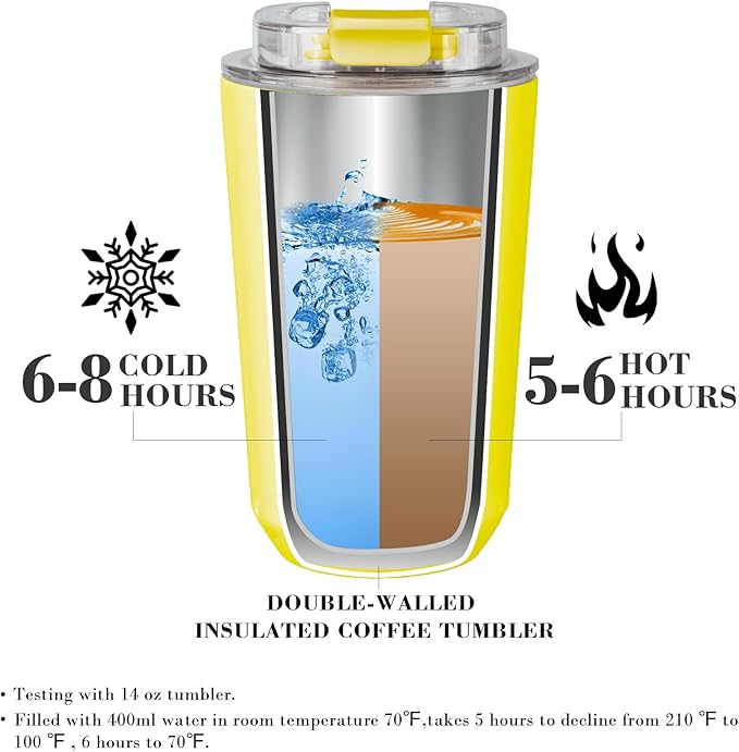 Puraville Insulated Tumblers with Lid, 14 oz Travel Coffee Mug Stainless Steel Vacuum Cup, Leak Proof Reusable Double Walled Coffee Tumbler for Iced and Hot Drinks, Yellow