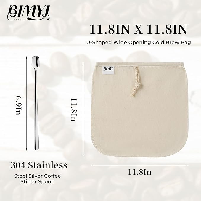 Reusable Cold Brew Bags & Cold Brew Coffee Bags Reusables |11.8 * 11.8 inch Large 100% Natural Organic Cotton Cold Brew Filter Bags 2-Pack + 2 Bonus 304 Silver Spoons