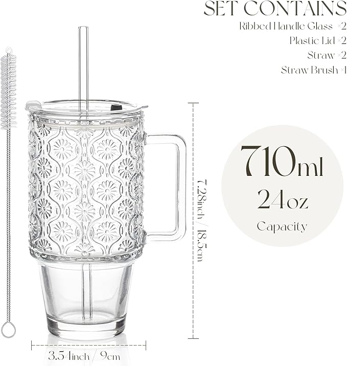 KEMORELA 24oz Ribbed Glass Cups with Lids and Straws,Glass Tumbler with Handle,2 set–Reusable Glass Ice Coffee Cups with Lid and Straw for Smoothies,Tea,Juice,Boba Cup for Cold & Hot Drinks,Travel Cup