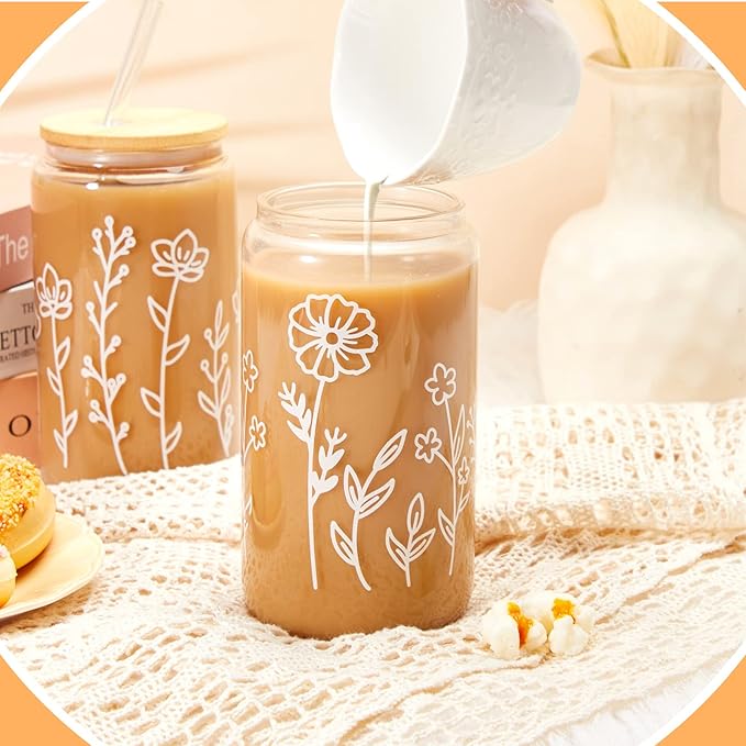 Mumufy 12 Pack Wedding Glass Tumblers Boho Floral 16oz Iced Coffee Cups with Bamboo Lids and Straws Elegant Bridal Shower and Bridesmaid Gifts