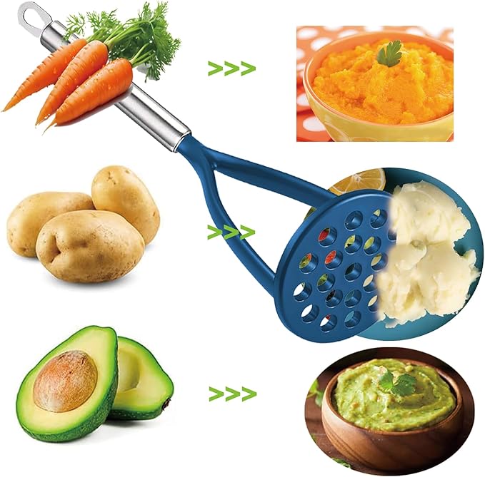 TENTA KITCHEN Good Grips Nylon Potato Solid Masher Ricer Press Blender Crusher for Non-Stick Cookware With Heat Resistant Stay Cool Stainless Steel Handle-Blue