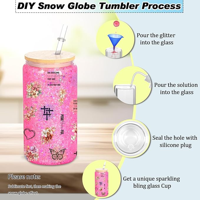 4 Pack 16 Oz Sublimation Snow Globe Tumbler, Snow Globe Cups with Pre Drilled Hole, Double Wall Beer Can Glass Mason Jar Mug with Bamboo Lids and Straws for Snowglobe DIY