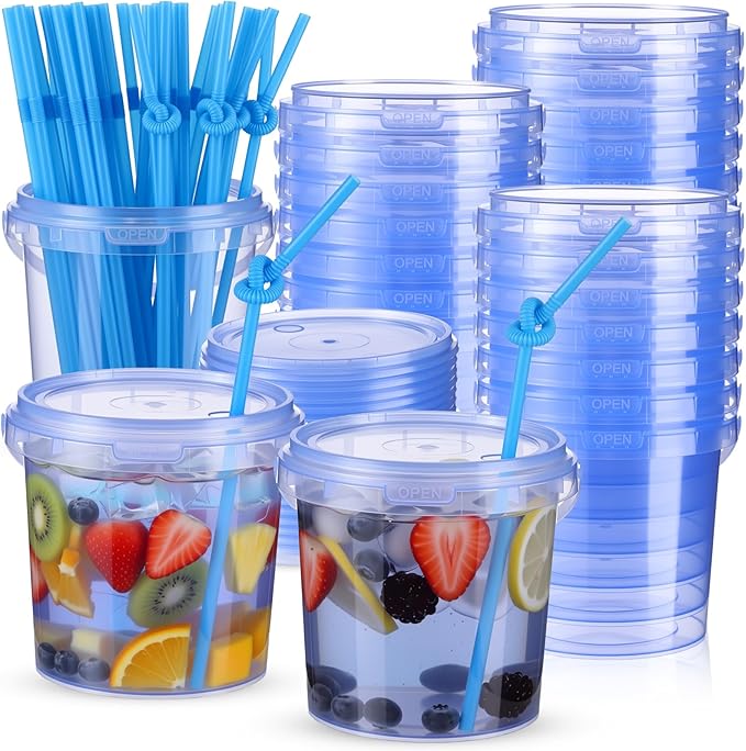 Funnymoom 24 Pack 32 oz Plastic Rum Buckets for Drinks with Straws Ice Cream Cocktail Bucket with Lids and Handles Reusable Food Containers Cup for Parties Summer Beach Bar Beer (Blue)