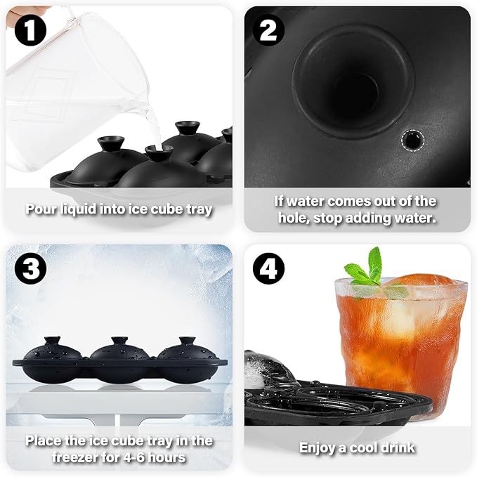 Silicone Large Ice Cube Tray, 6 Big Football Ice Cube Trays for Freezer,ICE Maker,Ice Cube Mold,Nice ICE Cube Trays,Crushed Ice Trays for Wiskey Cocktail Beer (Black, 6 Large Ice Cubes)