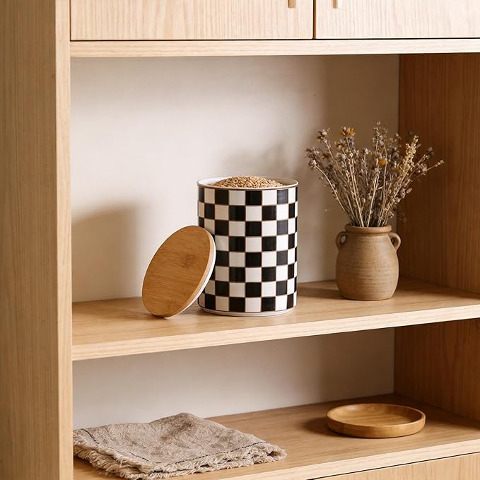 Kitchen Countertop Ceramic Checkered Canisters,Black And White Food Storage Containers With Lid,Airtight Kitchen Canisters for Flour, Sugar, Coffee, Tea, and Dry Goods (Black, XL)