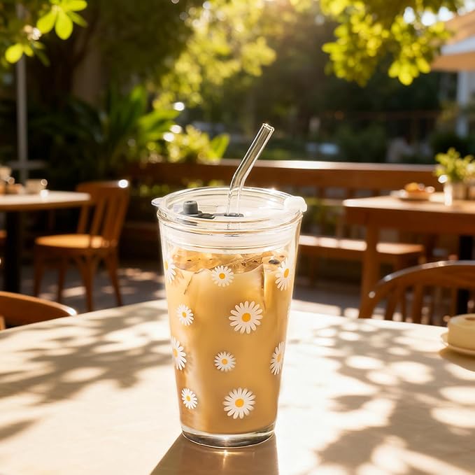 Olvini 15oz Glass Tumbler with Glass Straw and Lid, Cute Iced Coffee Cups, Aesthetic Glass Cups, Coffee Tumbler, Water Cup, Matcha Cup, Drinking Glasses (Daisy)
