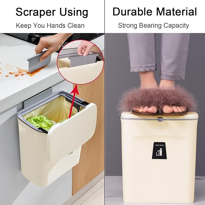 Tiyafuro 2.4 Gallon Kitchen Compost Bin for Counter Top or Under Sink, Hanging Small Trash Can with Lid for Cupboard/Bathroom/Bedroom/Office/Camping, Mountable Indoor Compost Bucket, Beige