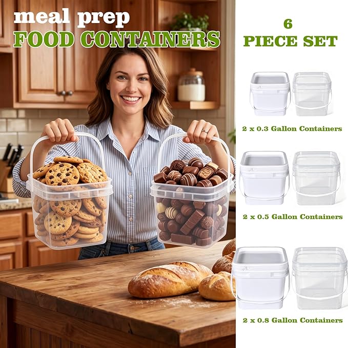 ASEVAT 6 Pack Square Plastic Buckets with Lids & Handles, 1L/2L/3L White & Clear Food-Grade Storage Pails, Stackable Airtight Containers for Food, Pantry & Cleaning Supplies