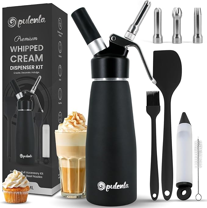 Premium Whipped Cream Dispenser – Leak-Proof Whip Maker with 3 Stainless Steel Nozzles, Spatula, Food Pen & Brush – Professional Whipped Cream Maker Canister – N2O Not Included – 500ml