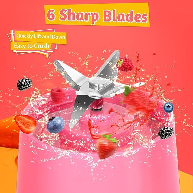 Portable Personal Blender for Shakes and Smoothies with 6 Blades, 380ml Fresh Juice Blender with Rechargeable USB Port