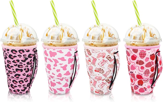 4Pack Reusable Iced Coffee Sleeve Insulator Sleeves for Cold Drinks Beverages, Neoprene Cup Holder for Most Coffee, Fits 30-32oz Large Cups (Pink Coquette)