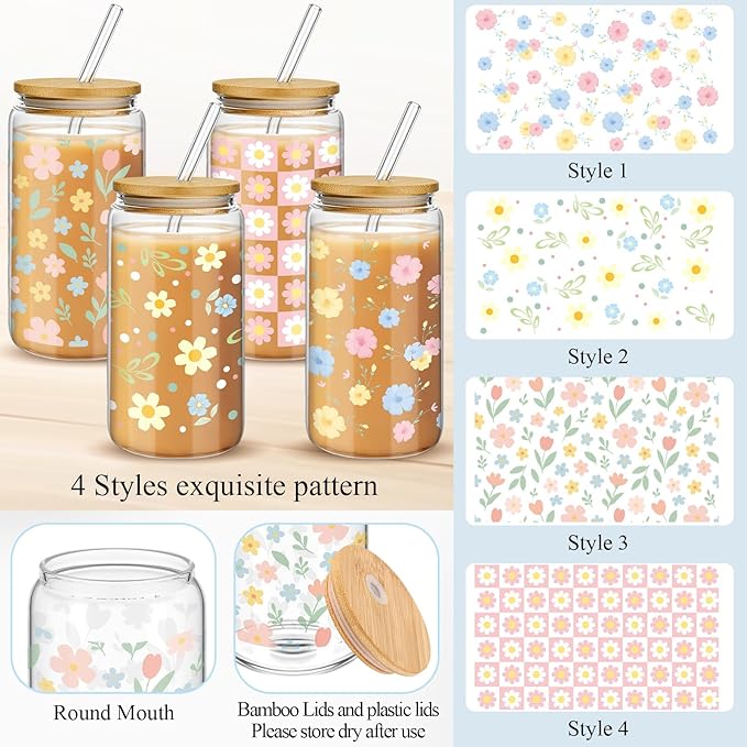 Mumufy 4 Pack Bridesmaid Gift Glass Cups, Cute Flower Mason Jars with Bamboo Lids & Straws, 16oz Iced Coffee Tumblers for Wedding, Bridal Party, Birthday, Mother's Day(Pastel Flower)
