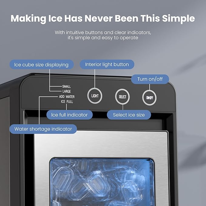 Electactic Ice Makers Countertop,26Lbs/24H,8Pcs in 6Mins,Portable Ice Maker Machine with Self-Cleaning,Interior Lighting,2 Sizes of Bullet Ice for Home/Office/Party(Stainless Steel)
