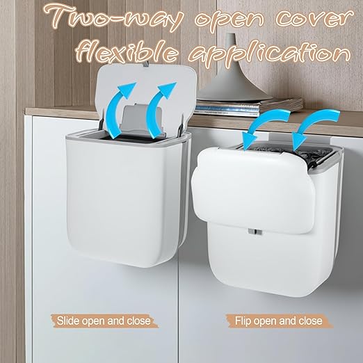 1 Pcs Foldable Hanging Trash Can, 2.6 Gallon Wall Mounted Kitchen Waste Bin with Lid Foldable Plastic Waste Bin Expandable Hanging Trash Can for Kitchen, Bathroom, Cabinet (White, Grey)