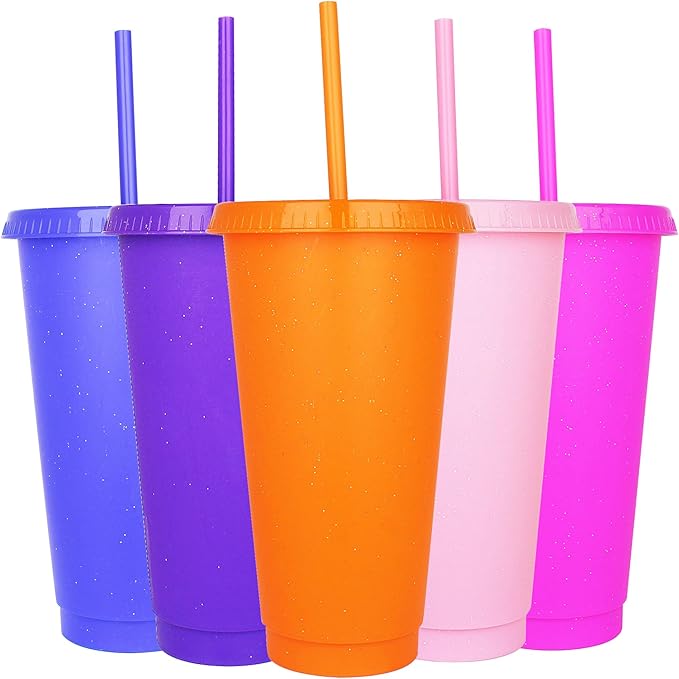 Suertestarry Tumbler with Straw and Lid,Water Bottle Iced Coffee Travel Mug Cup,Reusable Plastic Cups,Perfect for Parties,Birthdays… (Solid Color, 5pack)