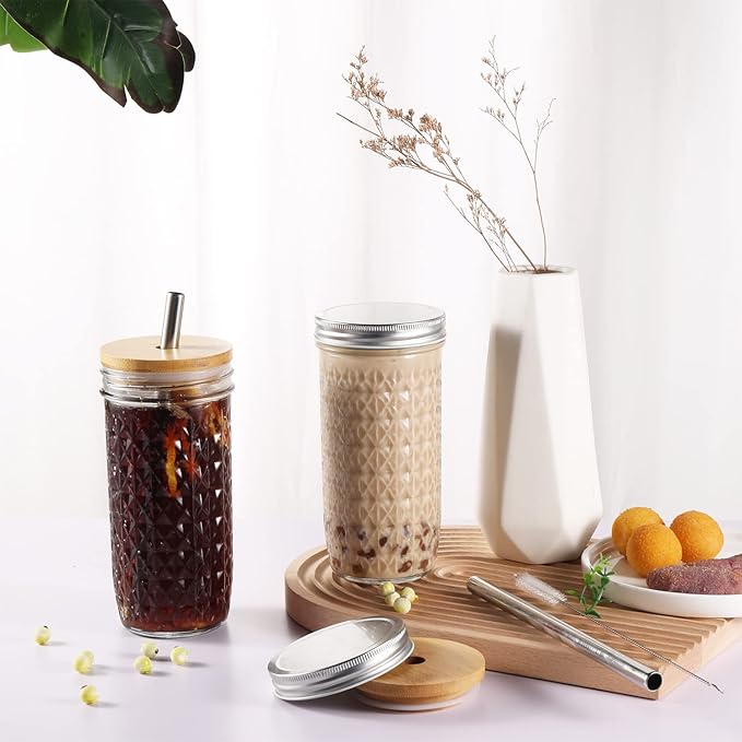 2 Pcs Glass Cups Set - 24oz Mason Jar Drinking Glasses with Bamboo Lids & Straws & 2 Airtight Lids, Cute Reusable Smoothie cup, Iced Coffee Glasses, Travel Tumbler for Bubble Tea, Juice