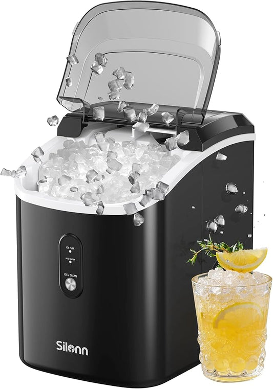 Nugget Ice Maker Countertop, Silonn Chewable Pellet Ice Machine with Self Cleaning Function, Pebble Portable Ice Maker with Ice Scoop for Home Kitchen Office, Black