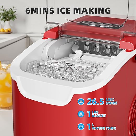 Antarctic Star Ice Maker Countertop, 8 Bullet Ice Cubes in 6 Mins, 26.5 lbs/Day, Self-Cleaning, 2 Sizes, Ultra-Quiet for Home/Kitchen/Camping/RV RED