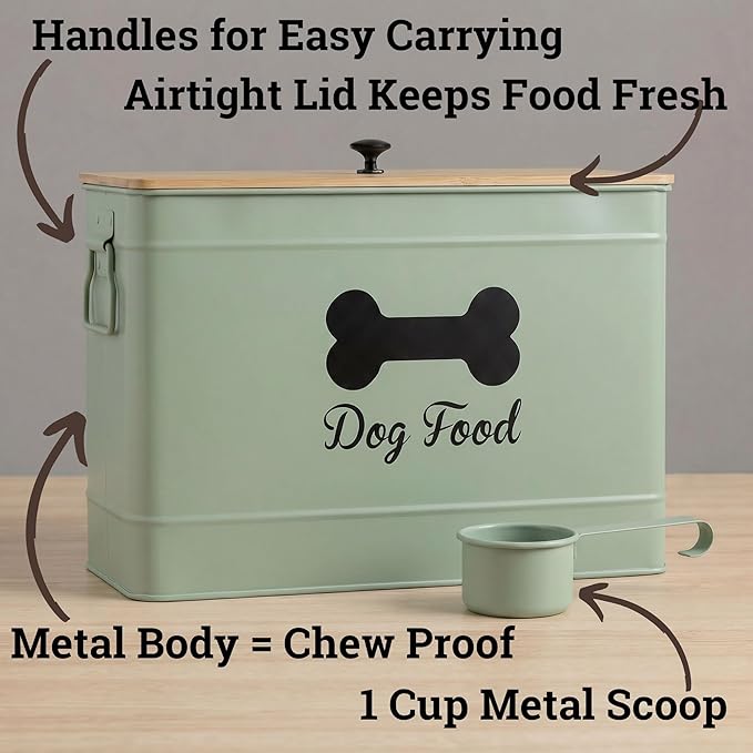 Dog Food Container Airtight 15 lb (50 Cup) Capacity with Metal Scoop - Cute Airtight Dog Food Storage Container with Bamboo Lid - Green Metal Kibble Storage Bin for Dogs up to 100 lbs - Big Pet Jar