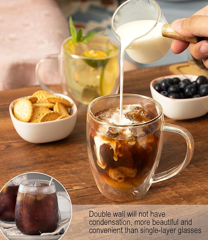 Double Walled Glass Coffee Mugs Set of 4, 12.5OZ Hand Blown Insulated Clear Glass Coffee Cups with Handle,Perfect for Latte,Cappuccino, Espresso, American,Tea Bag, Beverage