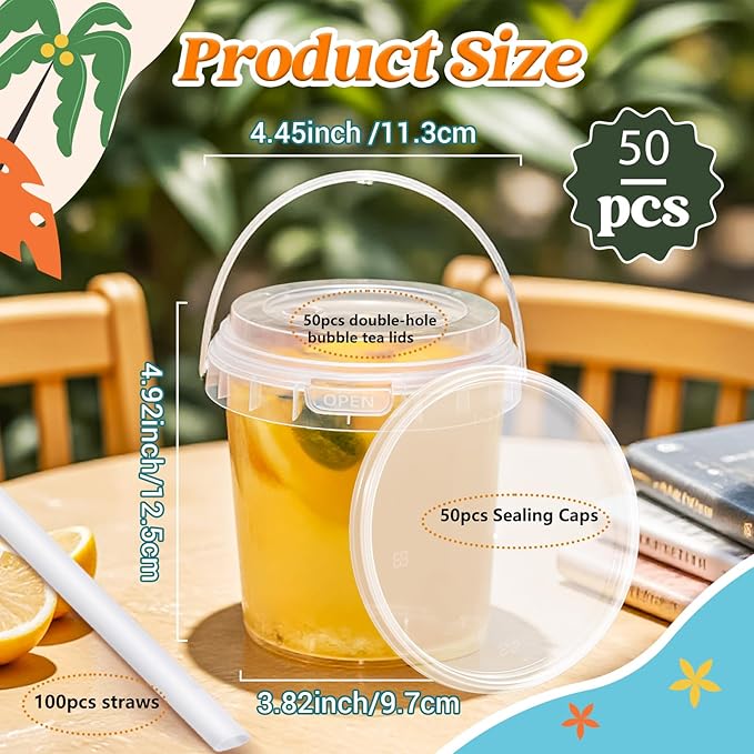 Clear Plastic Cups with Lid and Straw, Reusable Drink Bucket with Handle for Iced Coffee, Smoothie, Ice Cream - Sturdy Food Safe Party Cups for Pool, Beach, Birthday Parties (50Pack, 32 oz)